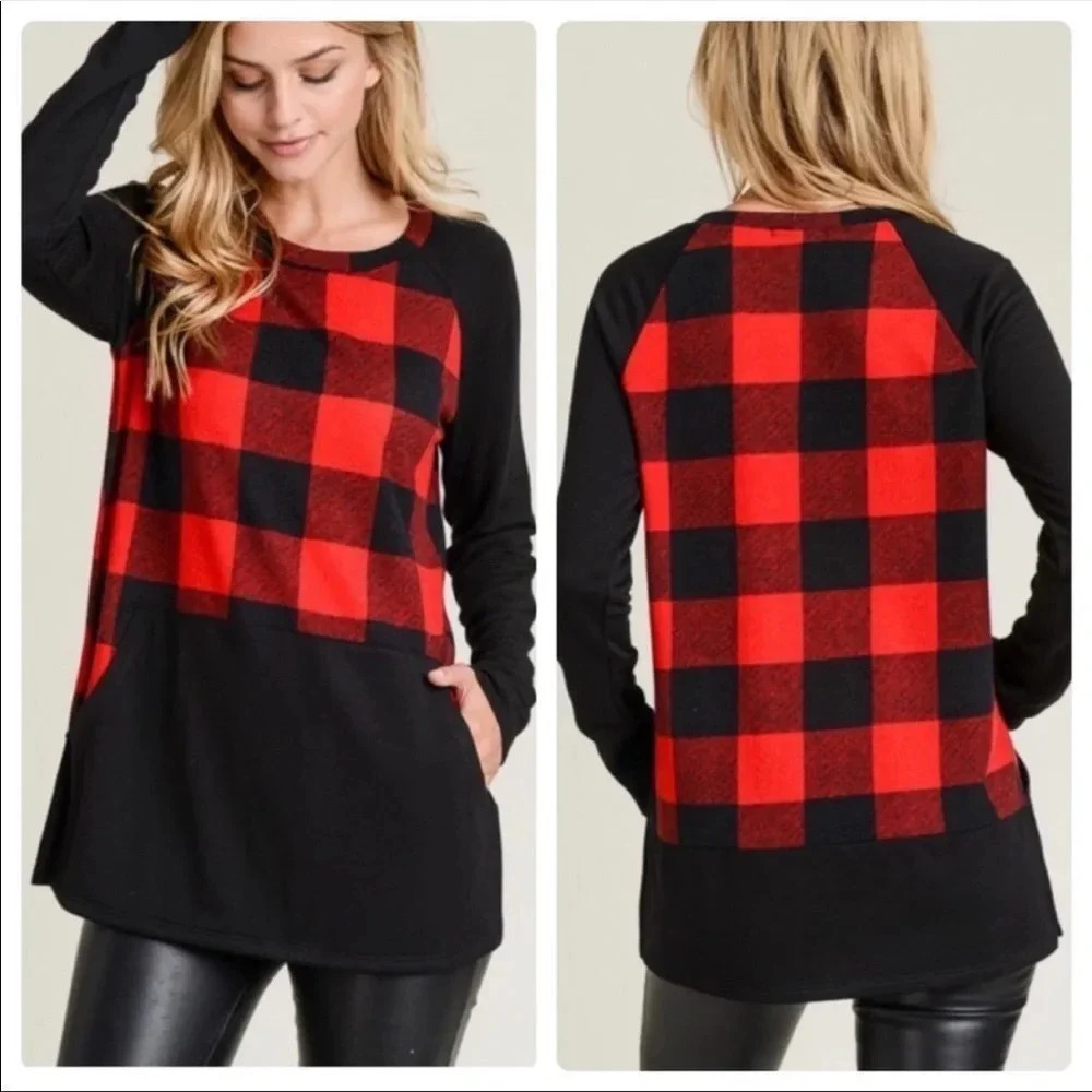 Buffalo Plaid Long Sleeve Top | Red Black Raglan Fall Winter Shirt